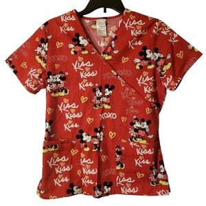 Disney Nurse Scrub Top Red Mickey & Minnie XOXO Kiss Hearts Pockets Size S